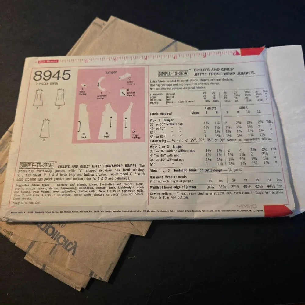 Simplicity 8945 sewing pattern girls front wrap jumper dress size 4 70s UNCUT